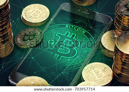 Smartphone with Bitcoin symbol on-screen among piles of golden Bitcoins. Blockchain transfers concept. 3D rendering