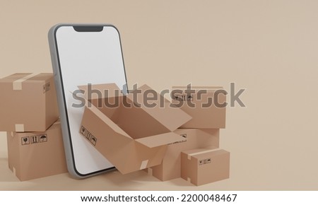 Smartphone blank display with Empty stack parcel box was opened pin GPS location delivery.Concept for fast delivery service.delivery and shopping online concept.3D rendering illustration