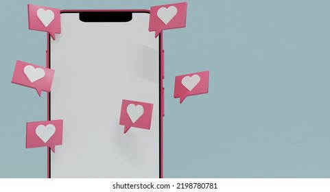 Smartphone With Blank Display With Heart Icon On Different Angle,Love Message Icon,Valentine Day Concept.3d Render Illustration.