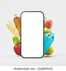 Smartphone blank display and natural fresh products, light grey background. Concept of delivery and online order. Mockup empty display. 3D rendering - Powered by Shutterstock