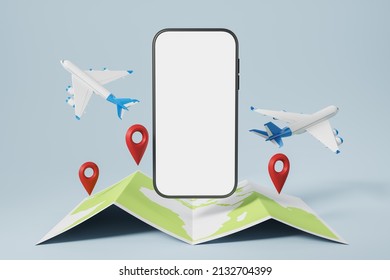 Smartphone Blank Display, Paper World Map With Location Pin, Destination. Concept Of Ticket And Sale. Mockup Phone Screen. 3D Rendering