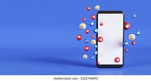 Smartphone Blank Screen Copy Space With Social Media Emoji Concept. 3d Rendering