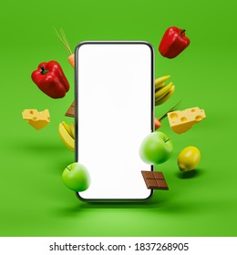 Smartphone blank screen on green background with vegetables, fruits, chocolate and cheese. Concept of online supermarket ordering groceries home. Mock up. 3d rendering - Powered by Shutterstock