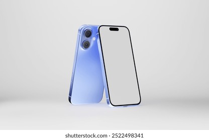 Smartphone with a blank screen on a white background. iPhone 16 mockup. Smartphone mockup closeup isolated on white background.