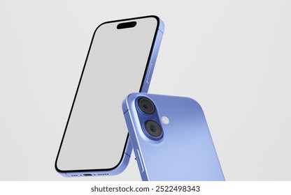 Smartphone with a blank screen on a white background. iPhone 16 mockup. Smartphone mockup closeup isolated on white background.