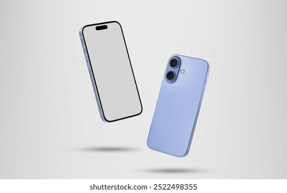 Smartphone with a blank screen on a white background. iPhone 16 mockup. Smartphone mockup closeup isolated on white background.