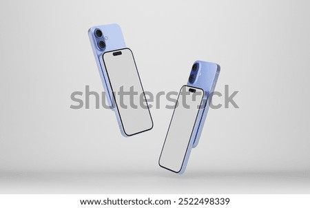 Smartphone with a blank screen on a white background. iPhone 16 mockup. Smartphone mockup closeup isolated on white background.