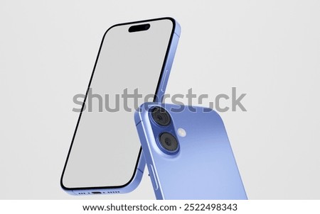 Smartphone with a blank screen on a white background. iPhone 16 mockup. Smartphone mockup closeup isolated on white background.