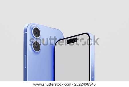 Smartphone with a blank screen on a white background. iPhone 16 mockup. Smartphone mockup closeup isolated on white background.
