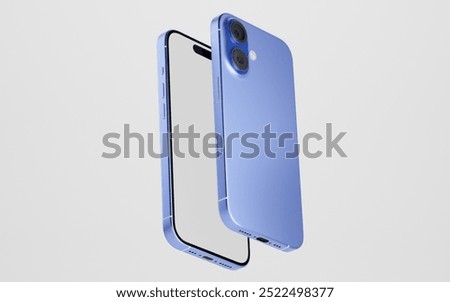 Smartphone with a blank screen on a white background. iPhone 16 mockup. Smartphone mockup closeup isolated on white background.
