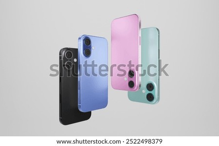 Smartphone with a blank screen on a white background. iPhone 16 mockup. Smartphone mockup closeup isolated on white background.