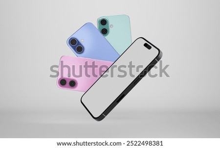 Smartphone with a blank screen on a white background. iPhone 16 mockup. Smartphone mockup closeup isolated on white background.