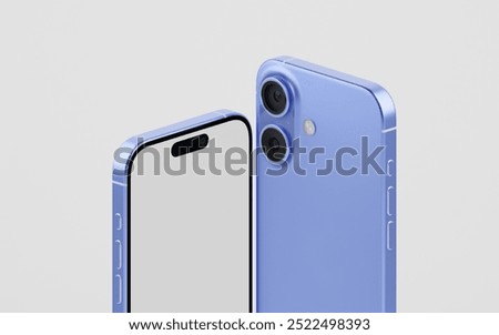 Smartphone with a blank screen on a white background. iPhone 16 mockup. Smartphone mockup closeup isolated on white background.
