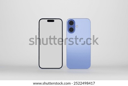 Smartphone with a blank screen on a white background. iPhone 16 mockup. Smartphone mockup closeup isolated on white background.