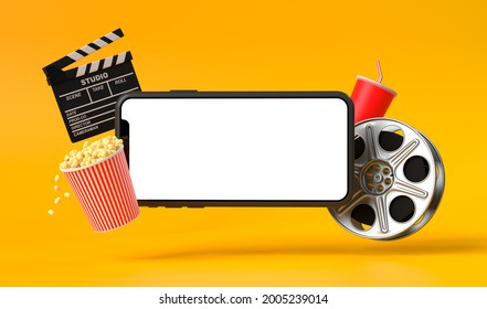 Smartphone blank screen with popcorn, film strip, clapperboard and drink on yellow background. Сoncept of online movie viewing. 3D rendering, 3D illustration