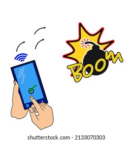 smartphone with bomb, illustration of bomb triggering technology on mobile.
