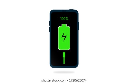 Smartphone Charger Animate Graphics Concept, Using Power To Charge Mobile Phones, Mobile Phone Batteries That Are Fully Charged To 100%