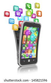 Smartphone with cloud of application icons isolated