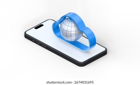 Smartphone with cloud system and earth globe on white background. Cloud computing, cloud storage and cloud services. Cybersecurity, databese, digital data and network concept. Global network. - Powered by Shutterstock - Get 15% off with code: PIKWIZARD15
