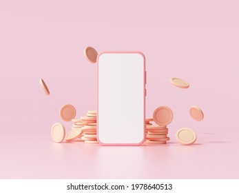 Smartphone and coin stacks with falling coin on pink background, business investment profit, money saving concept. 3d render illustration.