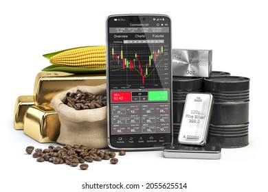 Smartphone With Commodities. Stock Exchange Market Trading Platform On The Screen Of Mobile Phone Isolated On White. 3d Illustration