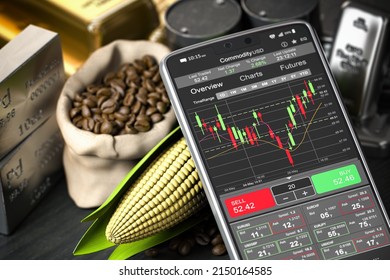 Smartphone And Commodities. Stock Exchange Market Trading Platform On The Screen Of Mobile Phone. 3d Illustration