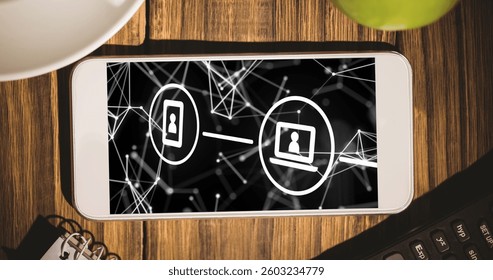 Smartphone displaying digital interface concept on wooden desk with notebook and pen. Technology, innovation, workspace, productivity, gadget, communication - Powered by Shutterstock - Get 15% off with code: PIKWIZARD15