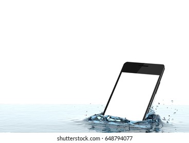 Smartphone With Empty, White Screen Falls Into Water. Water Splash Isolated On White - 3D Rendering