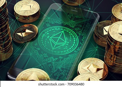 Smartphone with Ethereum symbol on-screen among piles of golden Ethereum coins. Ethereum virtual wallet concept. 3D rendering
