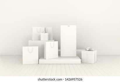 Smartphone, gift box, shopping bag mockup background in minimal style. Frameless  mobile phone 3d render. Technology gadget concept. Set of platforms, podium for product presentation