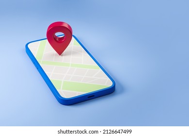 Smartphone With Gps Map, Location Pin With City Roads, Blue Background. Concept Of Mobile App And Location. Mockup Copy Space, 3D Rendering