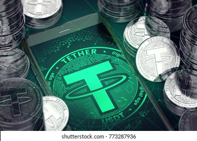 Smartphone with green Tether symbol on-screen among Tether coins. Tether concept coin & virtual wallet. 3D rendering