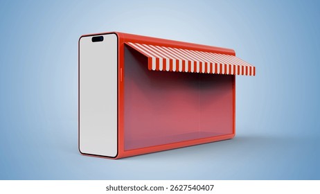Smartphone with internet shopping showcase store screen isolated on soft blue background. Online shopping. Virtual purchase retail e-commerce. Digital marketing promotion, online payment, purchase.