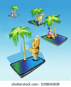 Smartphone Islands With Above A Person And A Palm Drifting Apart Idea Of Loneliness