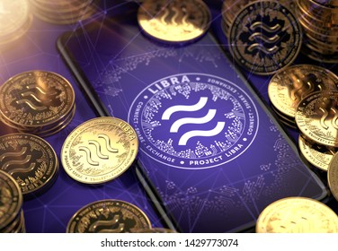 Smartphone With Libra Concept Coin Design On-screen Among Piles Of Golden Concept Coins. Libra As Valuable Asset Concept. 3D Rendering