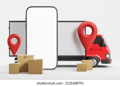 Smartphone With Location Pin On White Background. Truck With Cardboard Boxes. Concept Of Tracking And Delivery App. Mockup Display Copy Space. 3D Rendering.