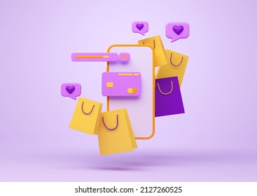 Smartphone, mobile app and credit card with packages on purple background, order in online shop. Concept of wishlist and shopping. 3D rendering