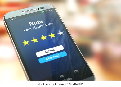 Smartphone or mobile phone with text rate your experience on the screen.  Online feedback rating and review concept. 3d illustration