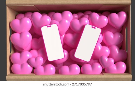 Smartphone mobile tablet device display white color love heart shape sign happy valentine day template banner poster open box 14 fourteen day date february mockup empty blank present object.3d render