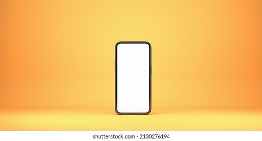 Smartphone Mock Up Copy Space Screen, Yellow Background. Concept Of Technology And System Update. 3D Rendering