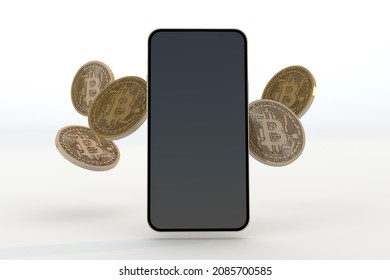 smartphone mockup with floating bitcoint. 3d render