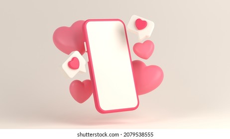 Smartphone Mockup. Valentine's Day Background. 3D Valentine Illustration With Love Shape, Bubble Chat, And Smartphone. 3D Rendering