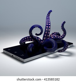 Smart-phone With Octopus Tentacles Getting Out From Screen. 3D Illustration.