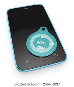 Smartphone With One Nfc Tag On White Background (3d Render)