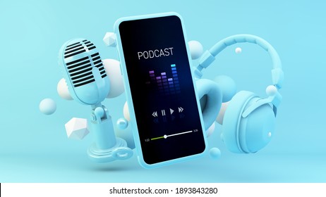 Smartphone Podcast App With Blue Headphones And Microphone 3d Rendering