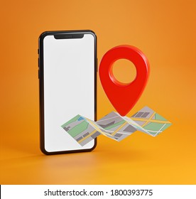 Smartphone And Red GPS Pin On Map. Mockup Template Screen Orange Background 3D Rendering 