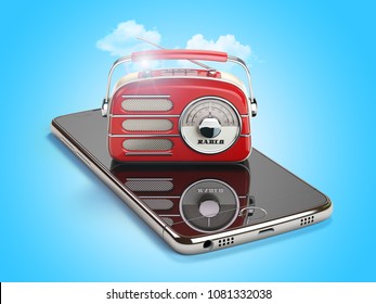 Smartphone with red vintage radio. Mobile AM FM radio live streaming media concept. 3d illustration
