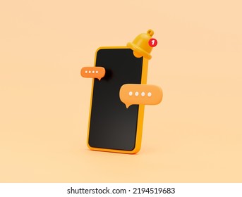 Smartphone With Reminder Popup Bell Notification Alert And Bubble Chat Message For Web Banner Icon Or Symbol Background 3D Illustration