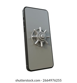 A smartphone with the safe door instead of screen isolated on white background. Mobile and digital security concept. Mobile phone with vault door.