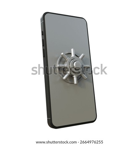 A smartphone with the safe door instead of screen isolated on white background. Mobile and digital security concept. Mobile phone with vault door.